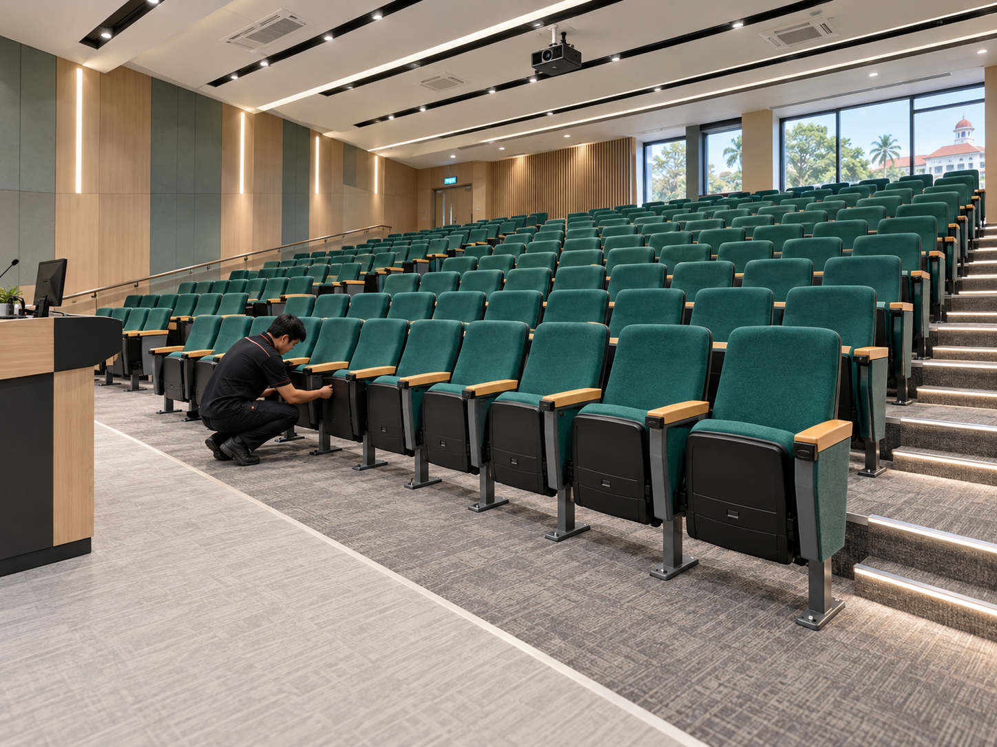 Completed auditorium seating installation in a university lecture hall