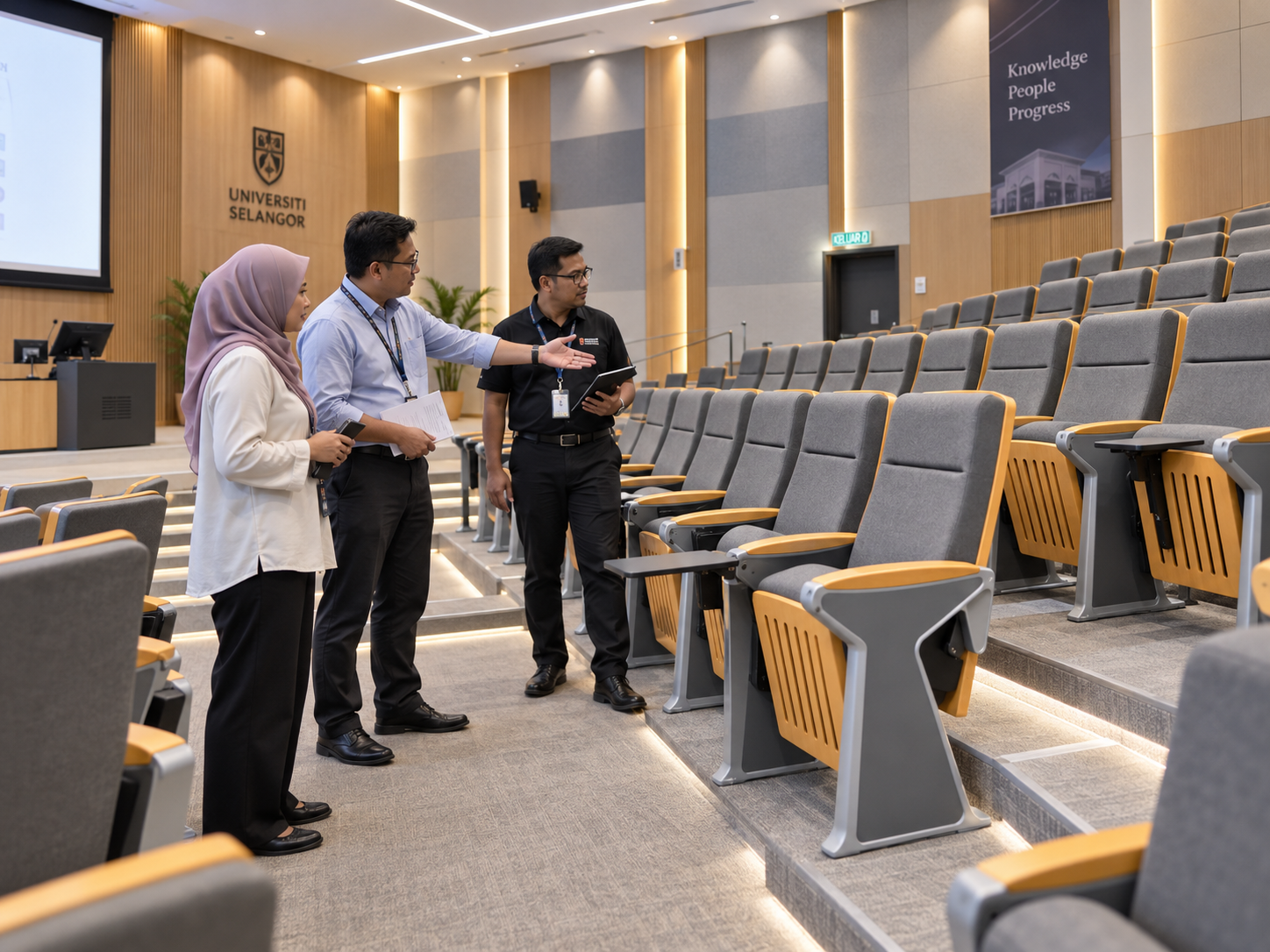 University team reviewing lecture hall seating requirements in Selangor