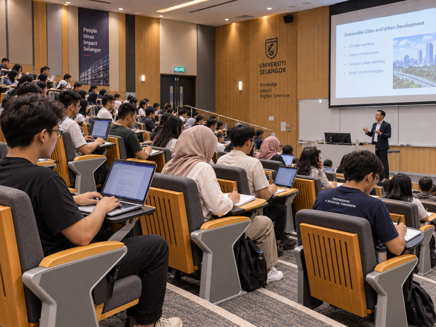 Students using auditorium seating with writing surfaces in a lecture theatre