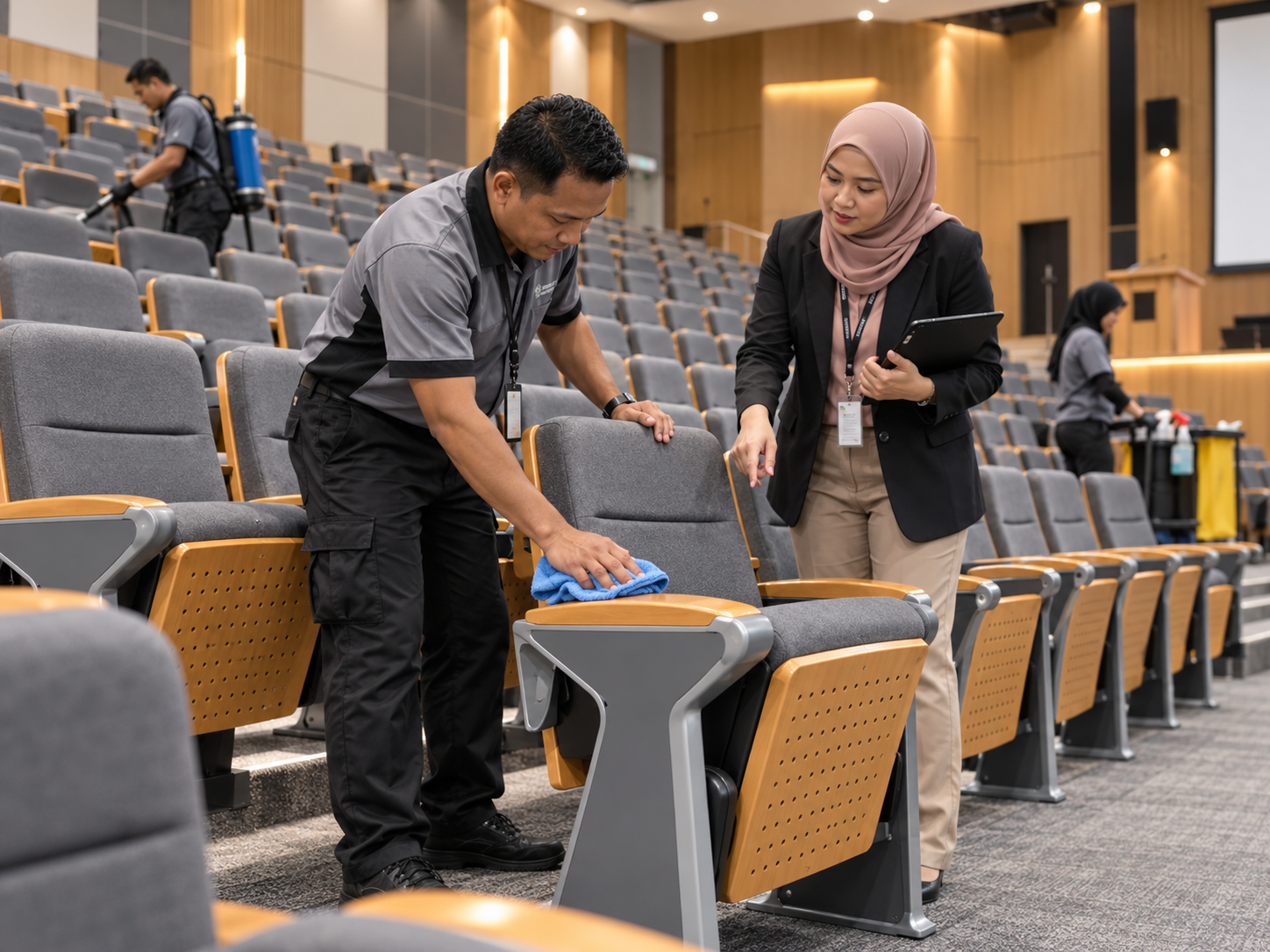 Facilities team maintaining upholstered auditorium seating at a university