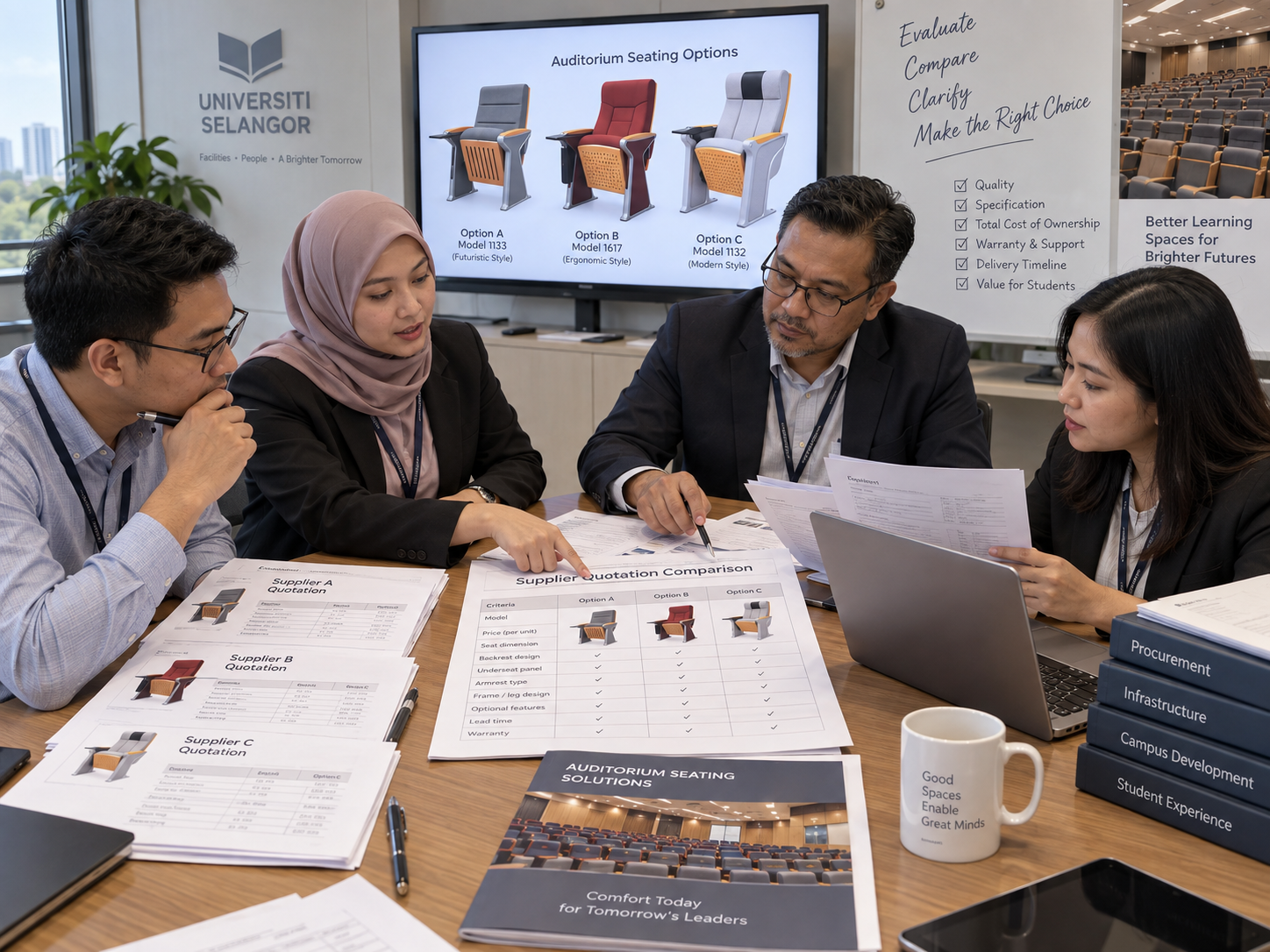 University procurement team comparing auditorium seating quotations