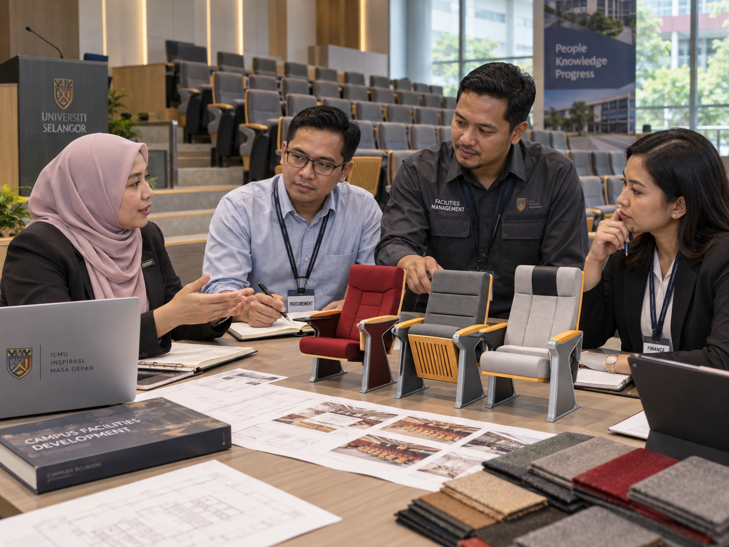 University stakeholders reviewing auditorium chair procurement options