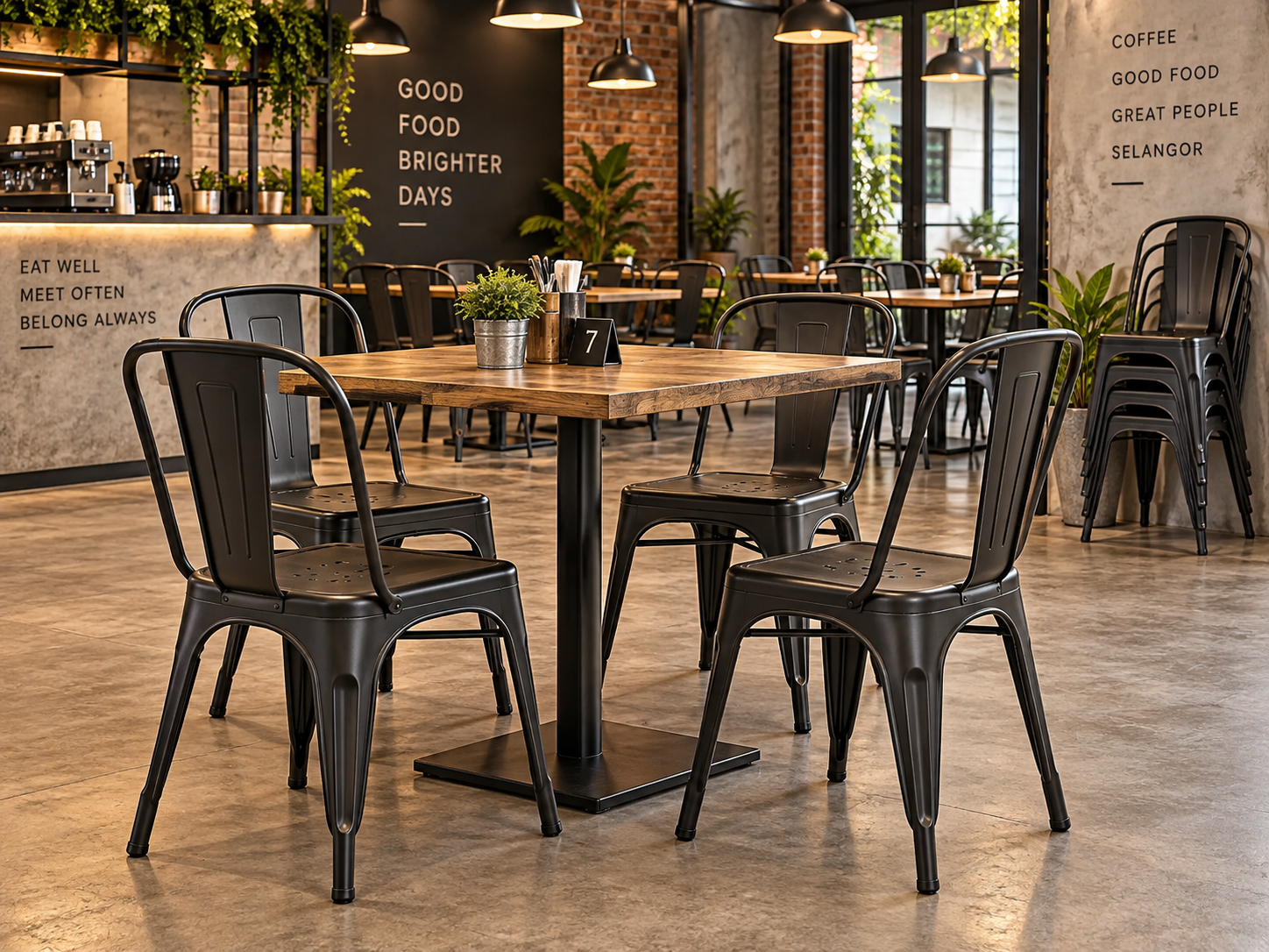 Stackable black metal dining chairs for an industrial restaurant interior