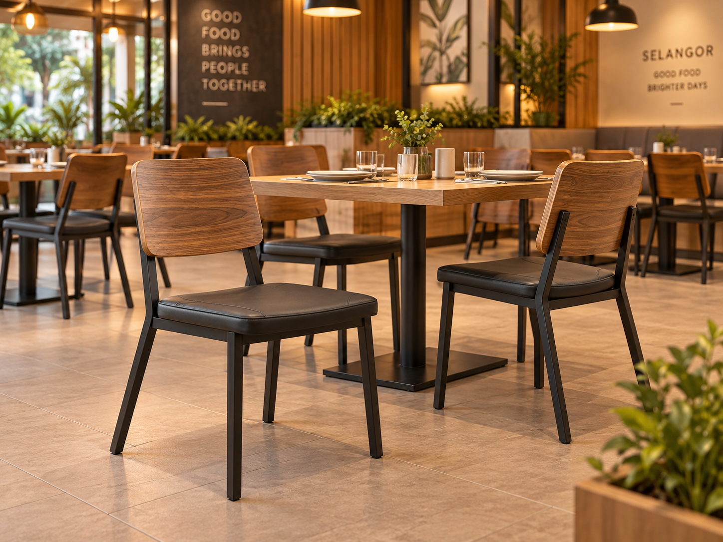 Wood back restaurant dining chairs with black cushioned seats