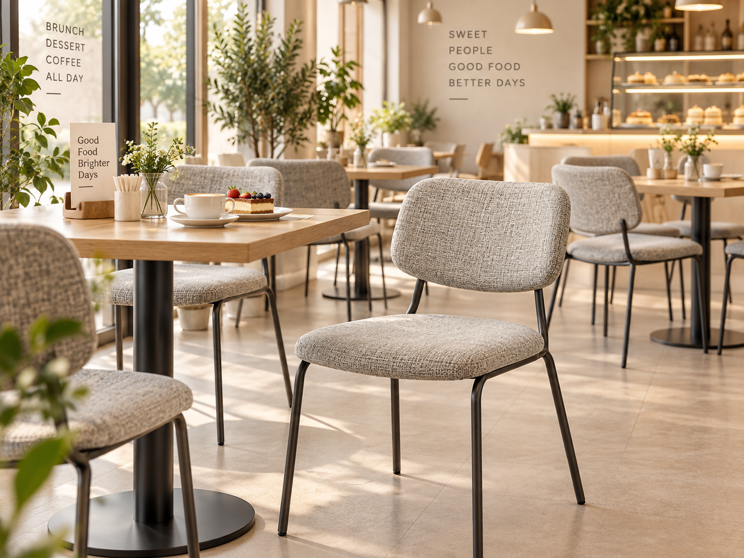 Grey fabric padded dining chairs in a Scandinavian-style restaurant