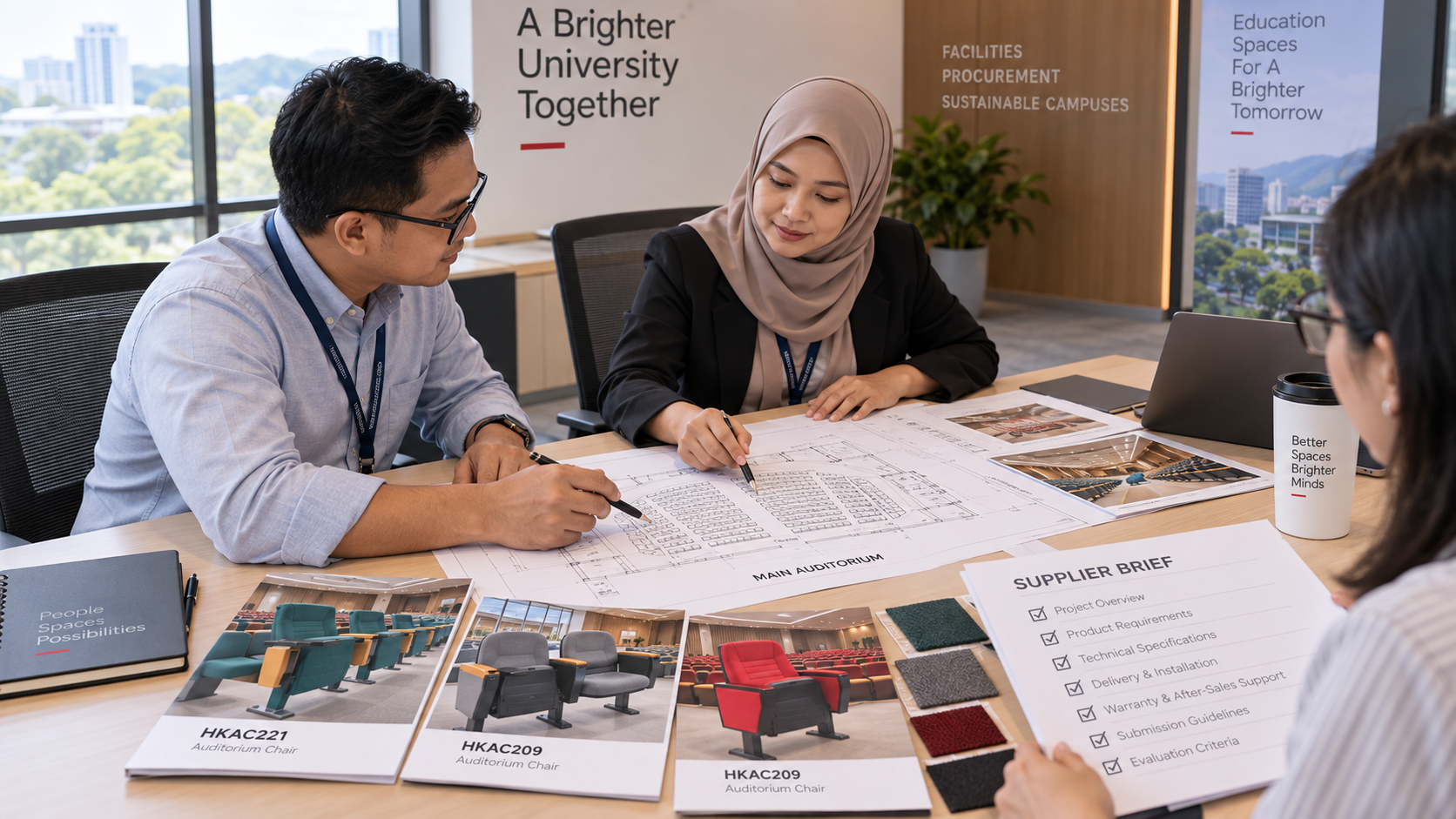 University team reviewing auditorium seating procurement documents