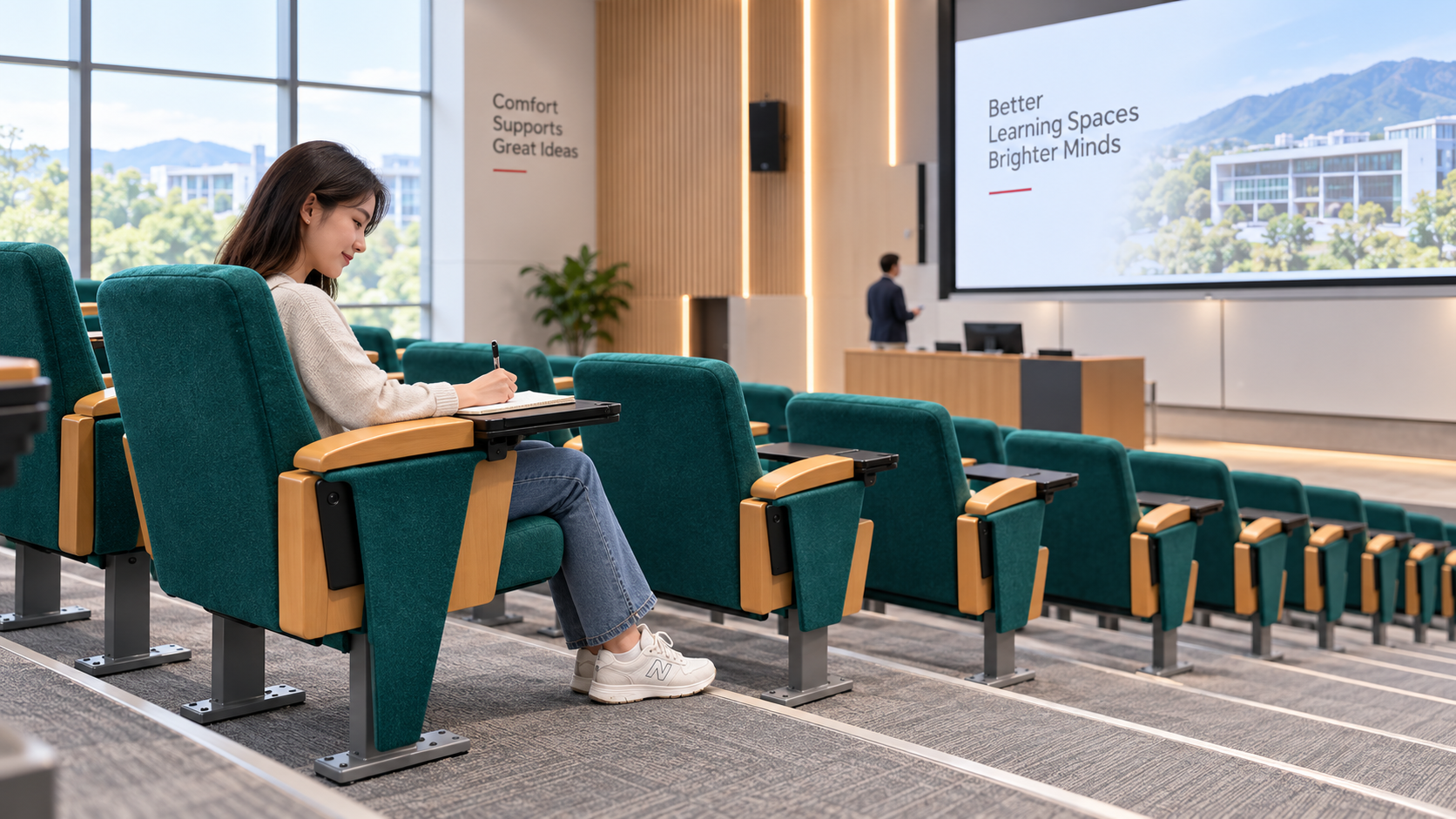 Students using fixed auditorium seating during a university lecture
