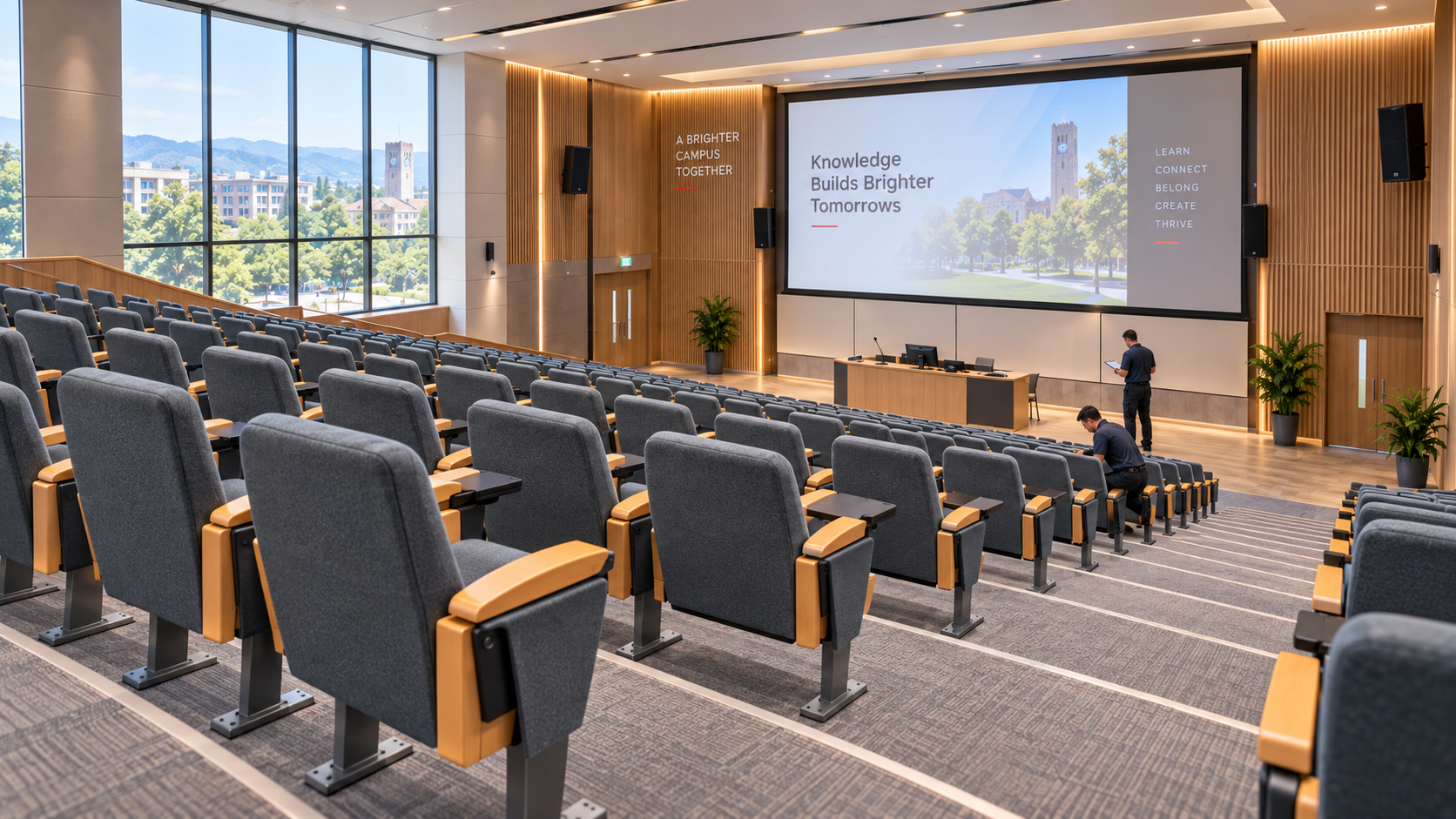 Completed university auditorium prepared for seating handover