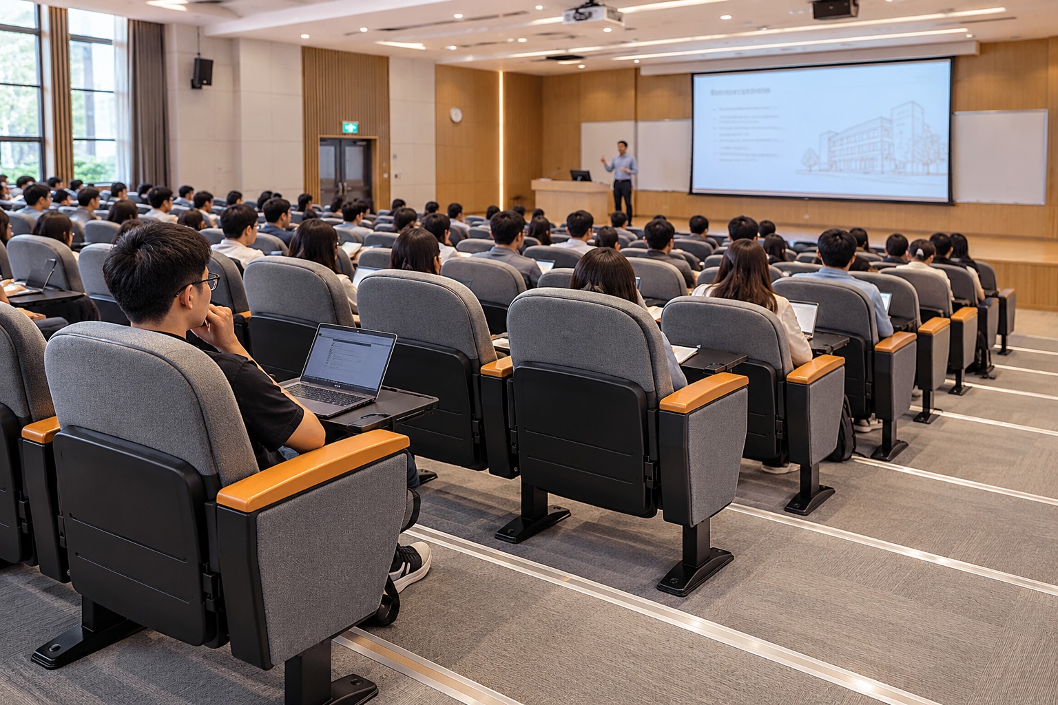 Facilities review of university auditorium aisles and tiered flooring