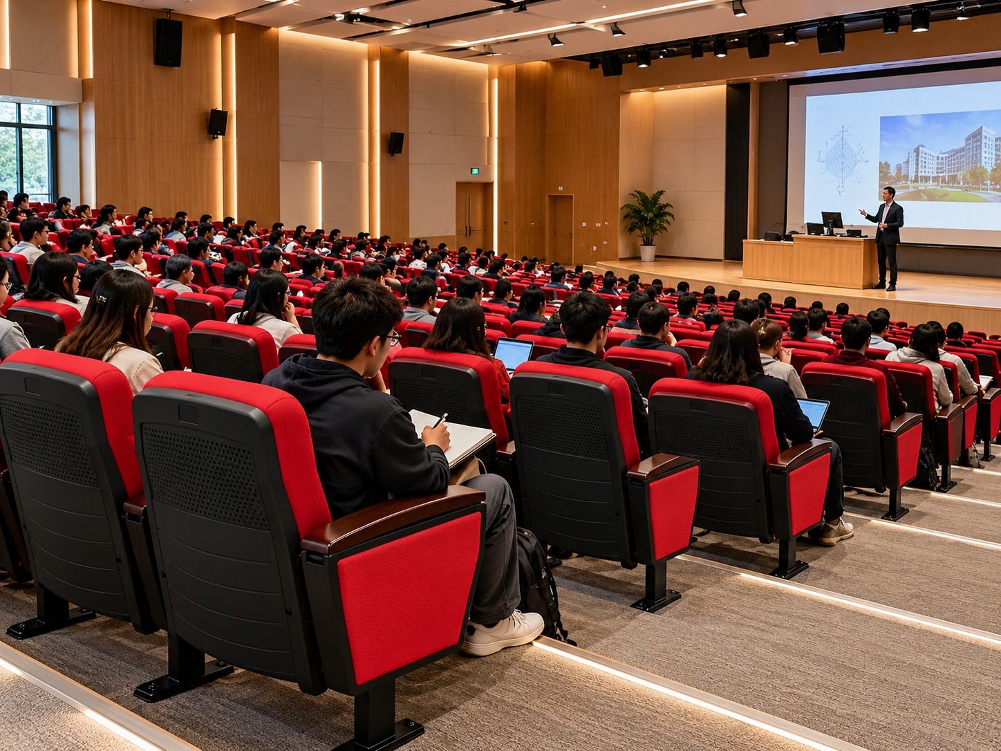 University facilities team maintaining an auditorium