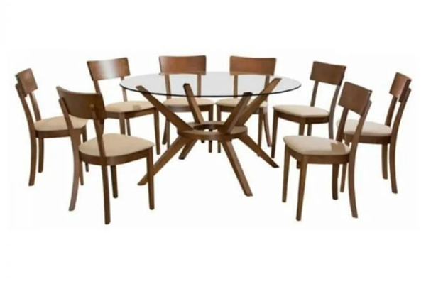 Tekkashop FDDT5664BR Rubberwood Dining Set with Round Tempered Glass Dining Table and Cushion Chair