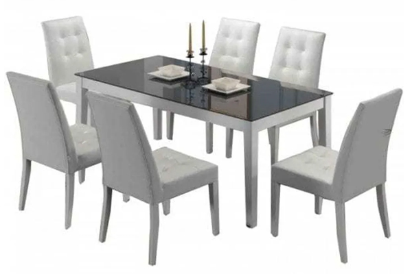 Tekkashop FDDS4925 White Finishing Walnut Wood Glasstop Dining Set w 6 Dining Chairs
