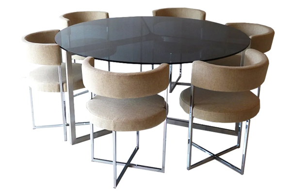 Tekkashop GGDS4717GR Contemporary Round Dining Set with Glass Table and 6 Fabric Chairs