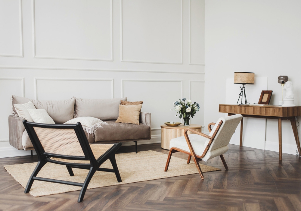 Designer lounge chair in minimalist living room
