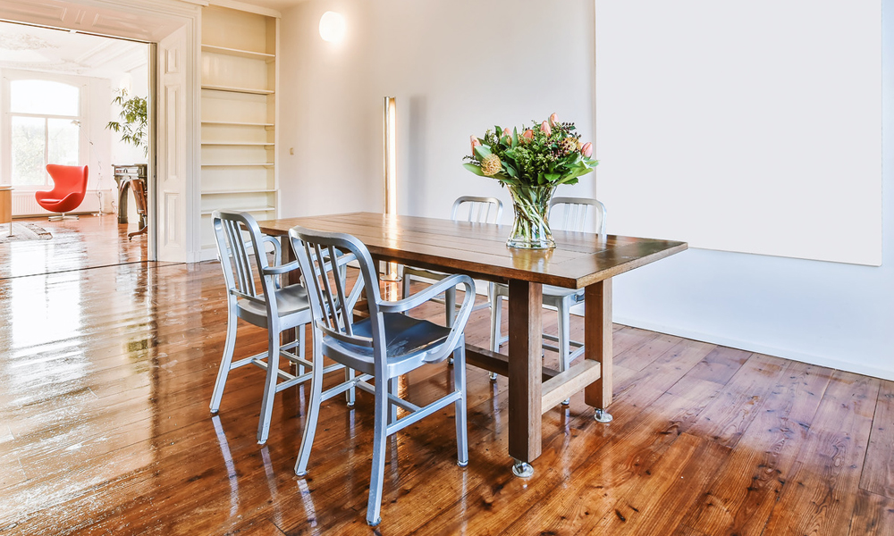 Wood modern square dining table with blue dining chairs