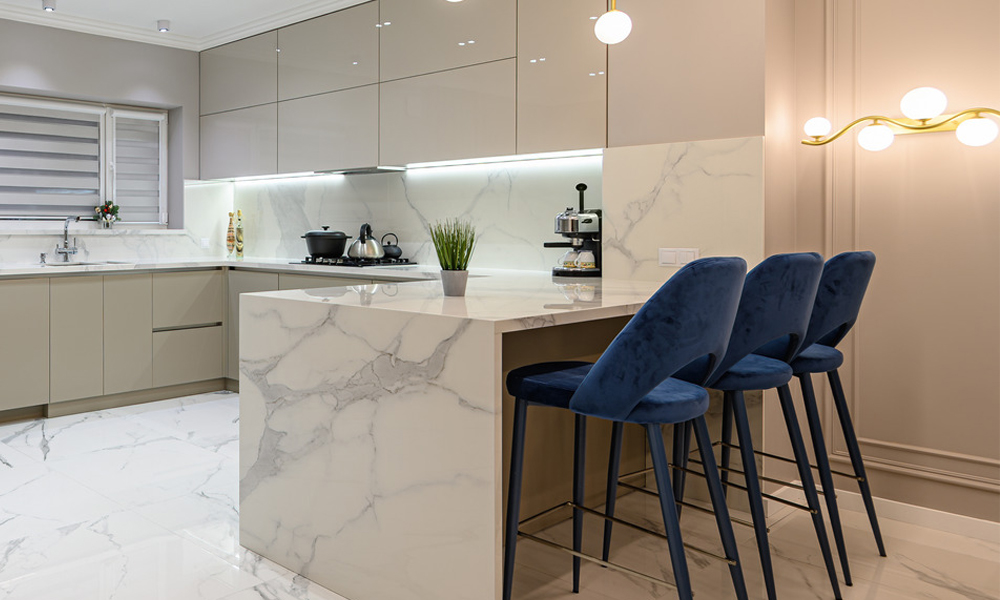 Marble kitchen counter top dining table with velvet dining stools