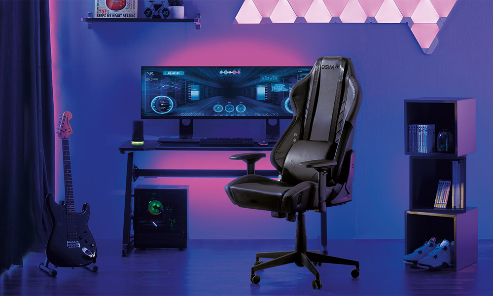 Osim black leather massage gaming chair in front of PC