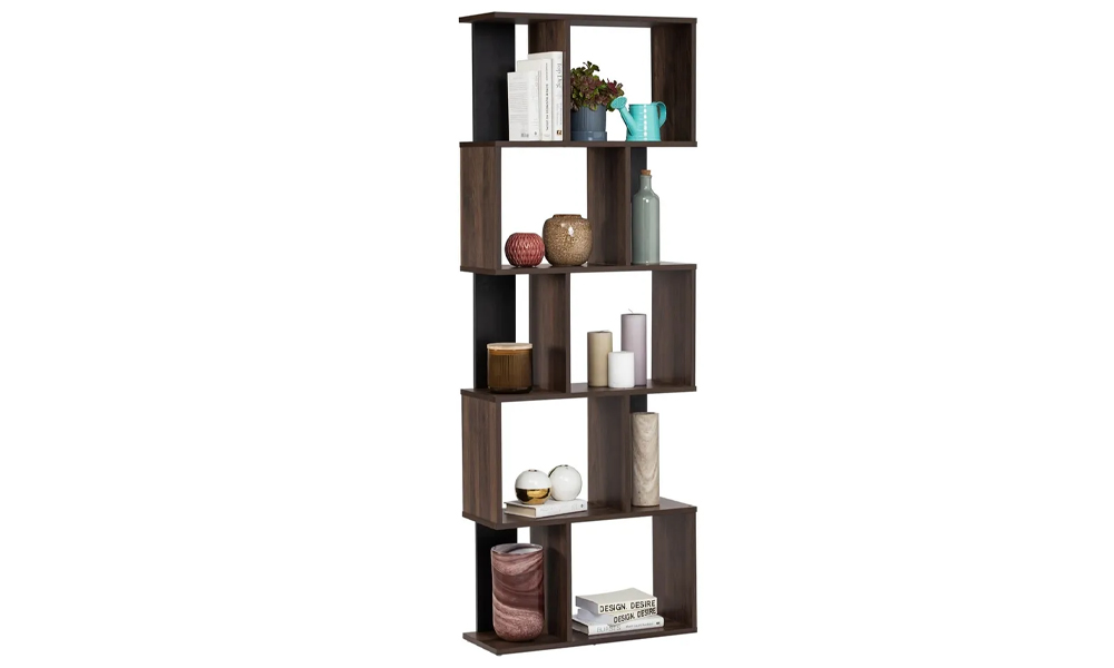 Tekkashop FDBC395BR Modern Zig-Zag 5 Tier Divider Bookcase with Laminated Particle Board - Brown