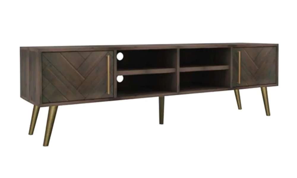 Tekkashop FDTVC3665BR Industrial Style 2m Solid Acacia Wood Frame TV Cabinet / TV Console with Two Swing Open Cabinets and Four Open Storage Shelves - Dark Brown