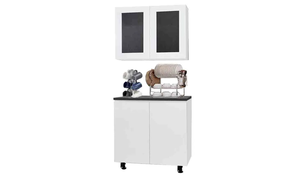 Tekkashop LDDC0665W Elegant Contemporary Style Dining Cabinet with 2 Door Top + Bottom - White