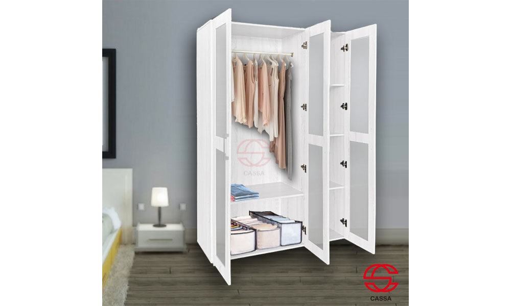 CASSA BROOKLYN 3 DOOR FULL WHITE BROWN COAT HANGER CLOTH HANGER FOLDING CLOTH WARDROBE CUPBOARD