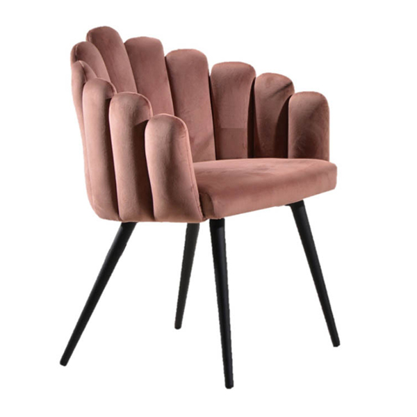 Modern Curved Shell Dining Chair with Velvet Fabric Cushion and Metal Leg in Pink