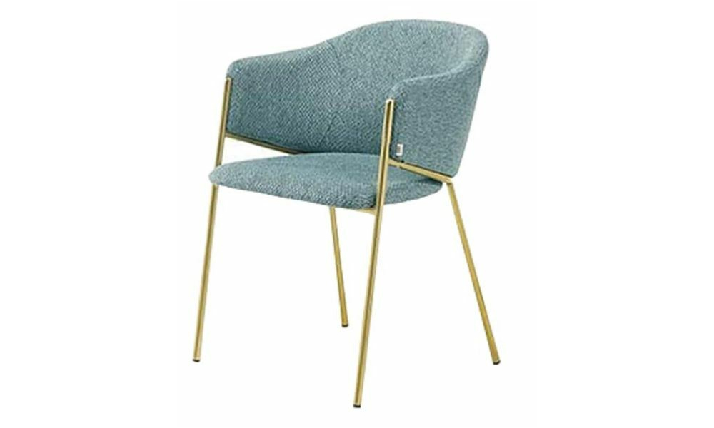 Contemporary Luxury Style Curvy Fabric Cushion Dining Chair Armchair With Slim Metal Tube Leg in Gold Chrome in Malaysia 2022