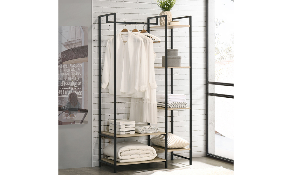 Tekkashop FDWD740BR Industrial Style Open Concept Wardrobe with Metal Frame - Brown
