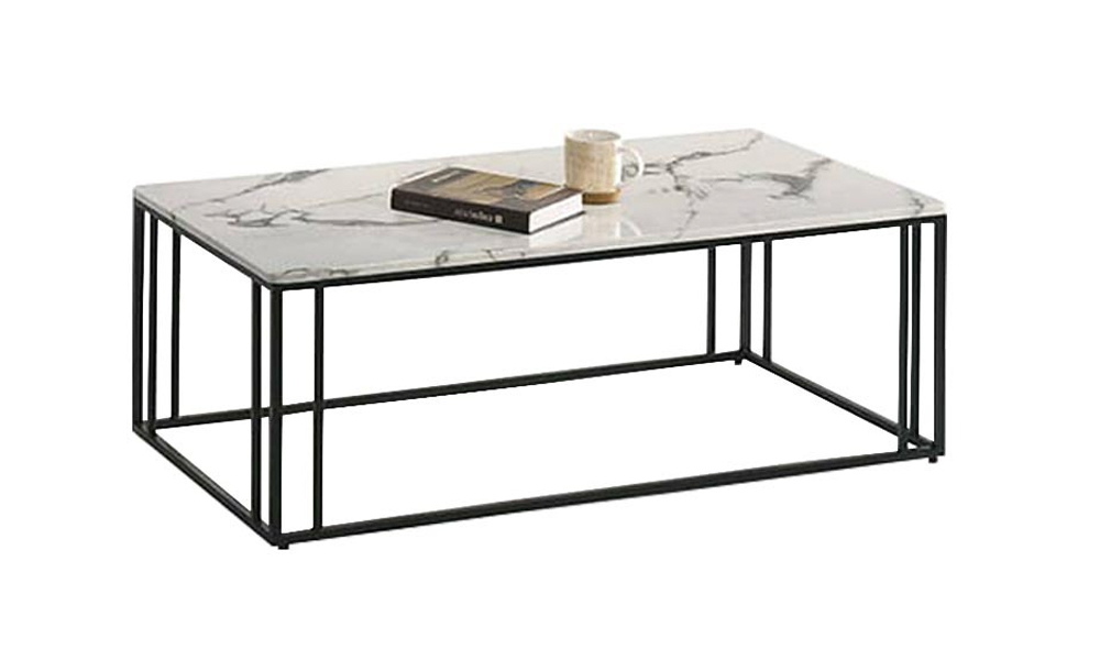 Tekkashop FDCT1245BL Minimalist Style Rectangle Coffee Table with Marble Top and Slim Metal Legs- Black