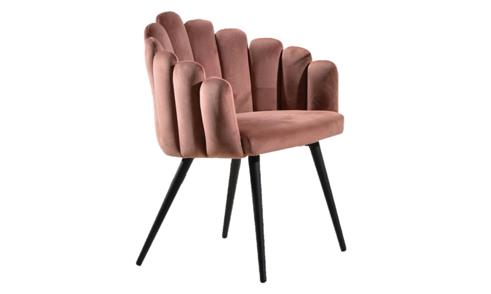 Tekkashop FDDC1150G Modern Curved Shell Dining Chair with Velvet Fabric Cushion and Metal Leg in Peach