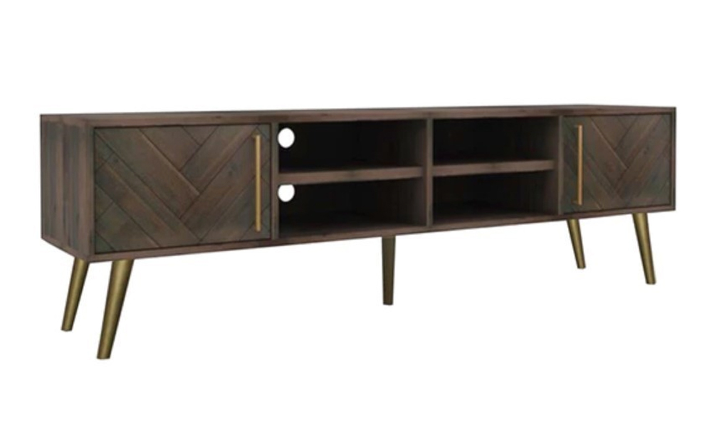 Industrial Style Solid Acacia Wood Frame TV Cabinet with Two Swing Open Cabinets and Four Open Storage Shelves in Dark Brown