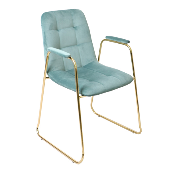 Modern velvet arm dining chair with gold frame in pastel turquoise for restaurant