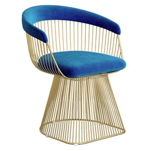 Modern velvet arm dining chair with gold frame leg in blue for restaurant use