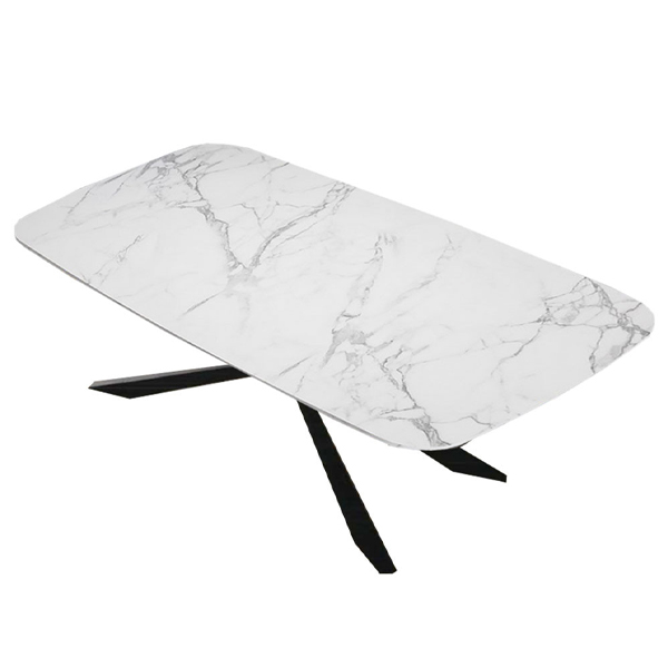 White marble rectangle dining table with steel legs for cafe use