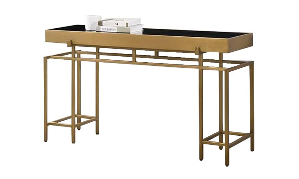 Tekkashop FDCT4725G Contemporary Style Tempered Glass Console Table with Stainless Steel Frame in Gold