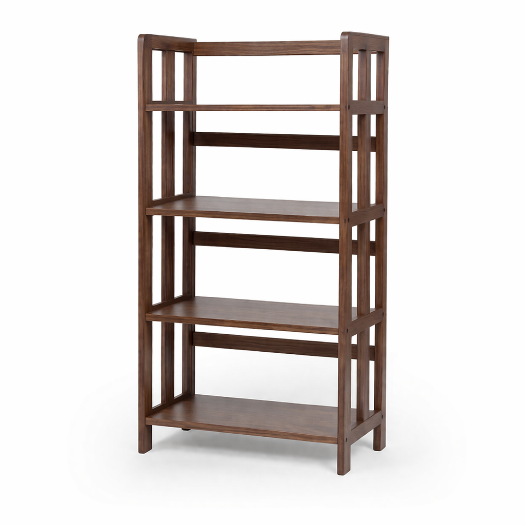 Wooden shelving unit on white backdrop