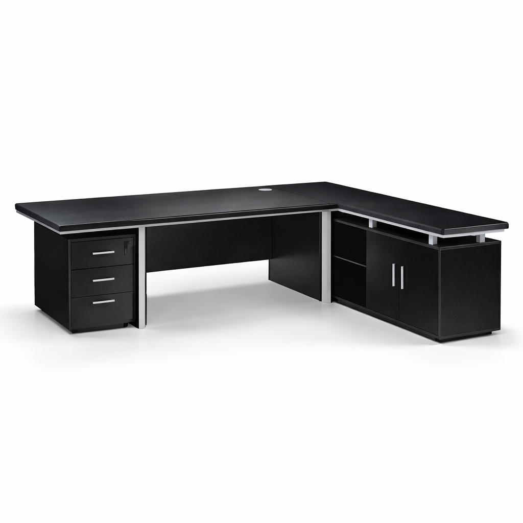 Modern black L-shaped office desk