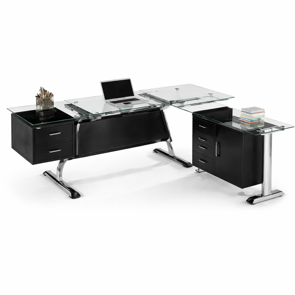 Modern glass office desk setup