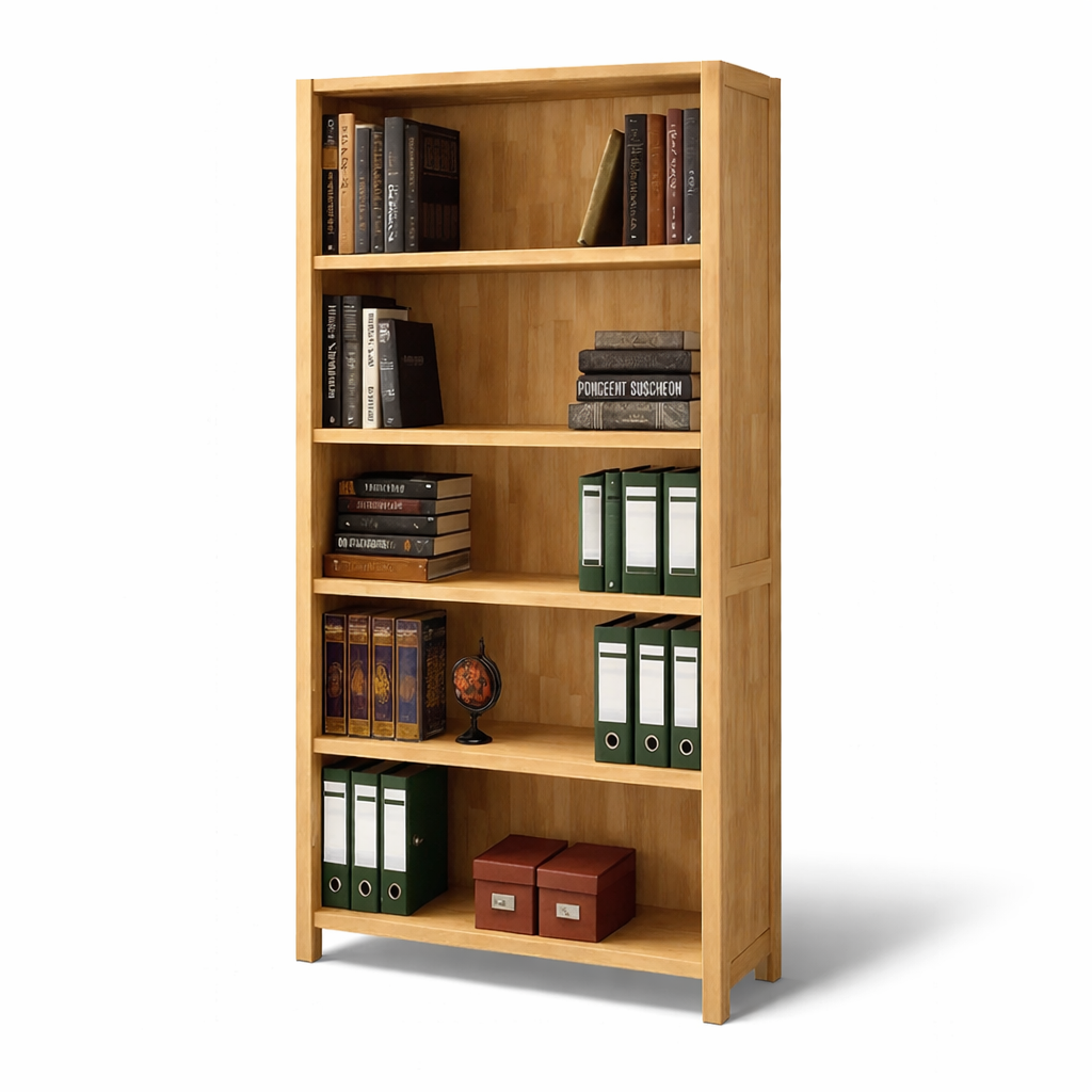 Wooden bookshelf with books and binders