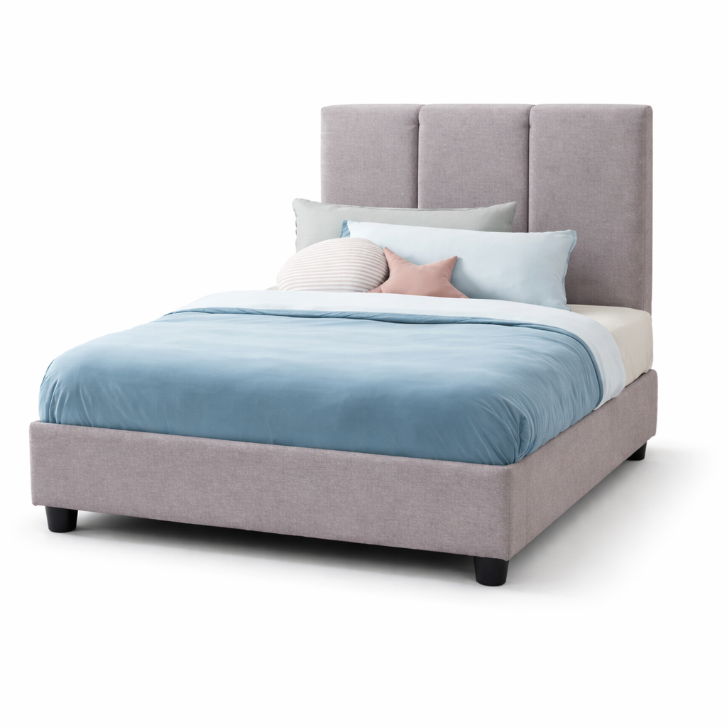 Modern upholstered bed with soft bedding