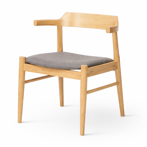 Scandinavian-style oak chair with grey cushion