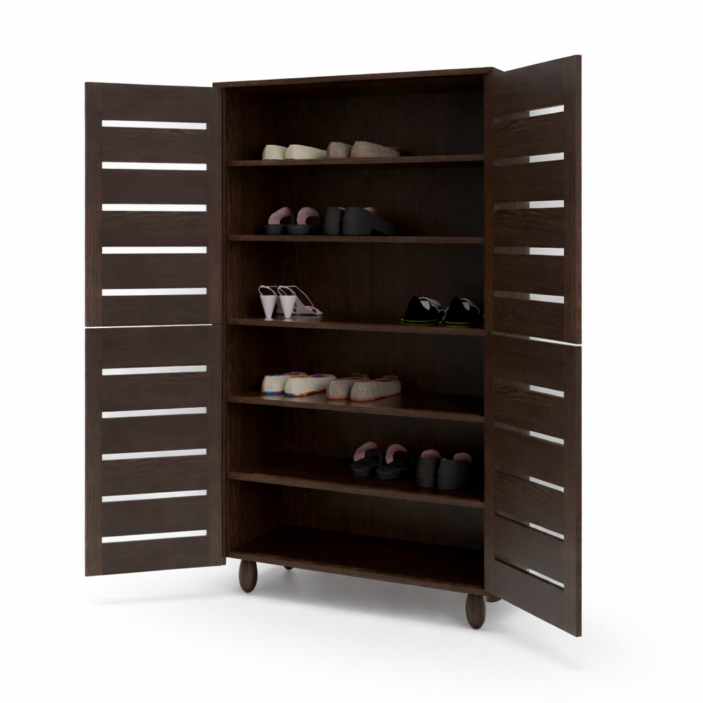 Open shoe cabinet with varying footwear