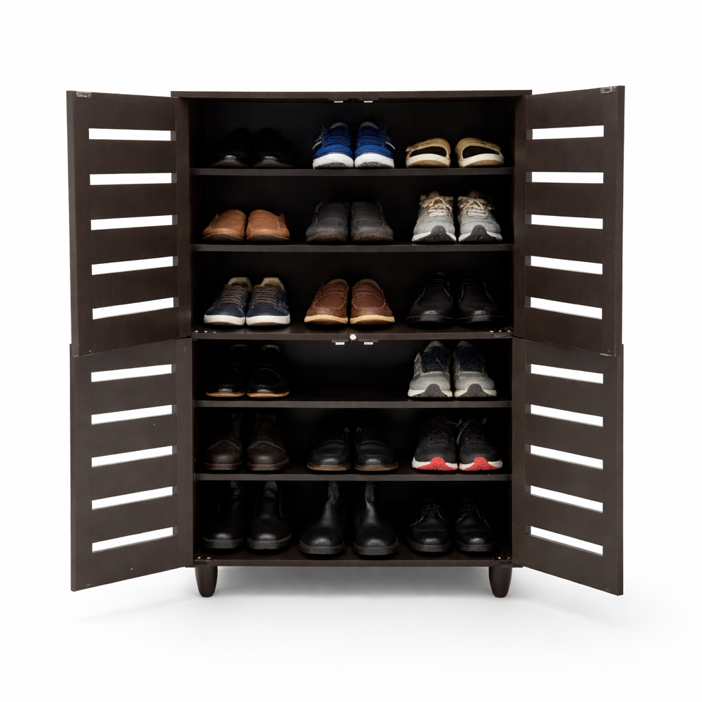 Shoe cabinet with assorted footwear collection