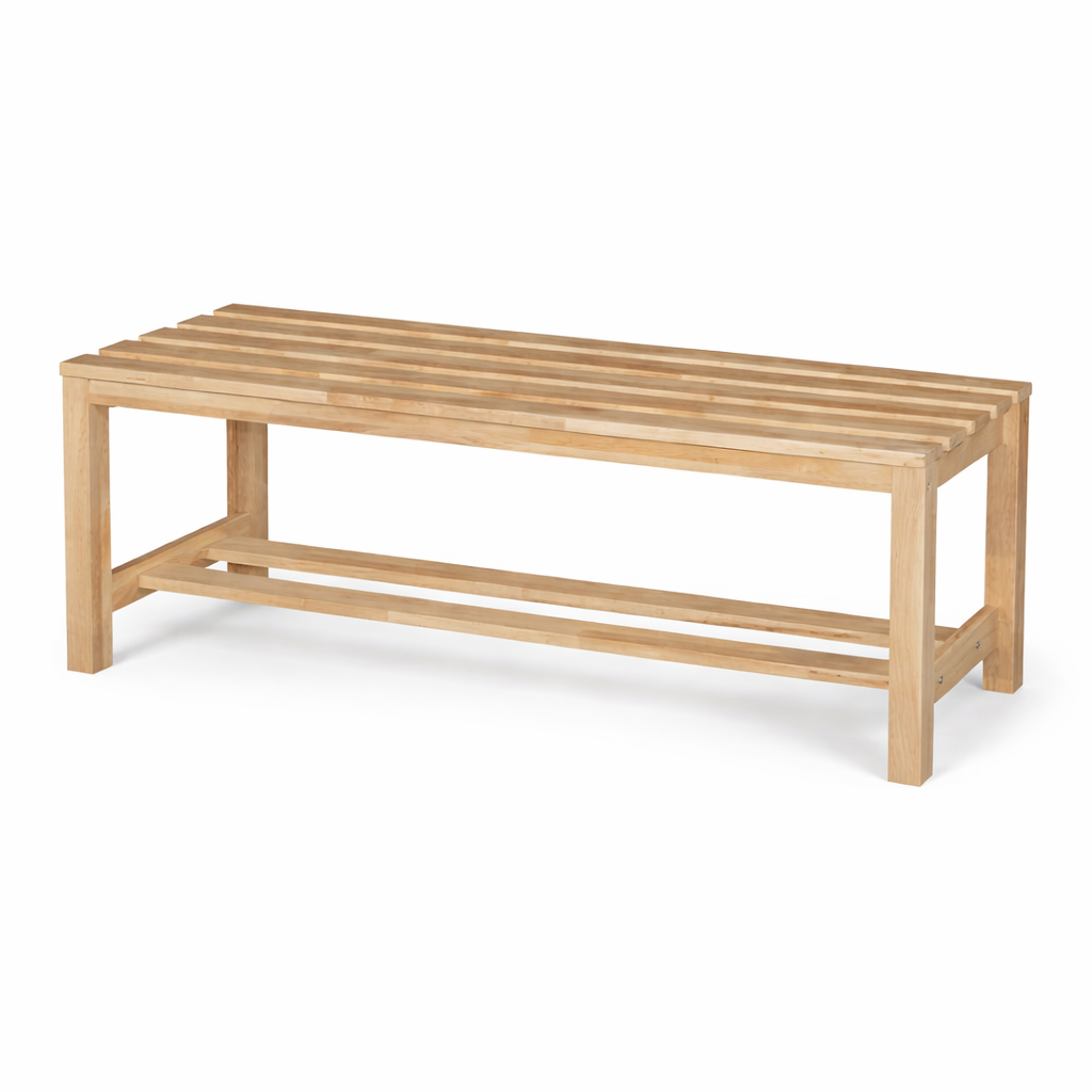 Minimalist wooden bench on white background