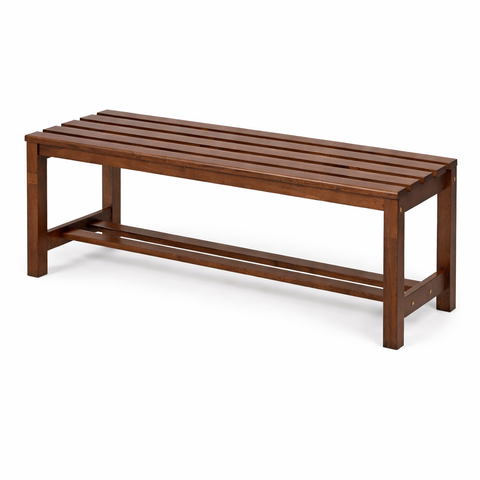 Walnut-finished wooden bench on white background