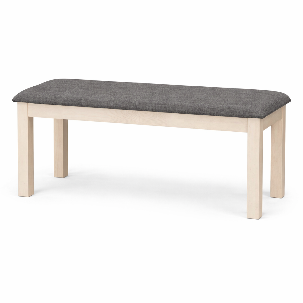 Neutral grey upholstered bench with wooden frame