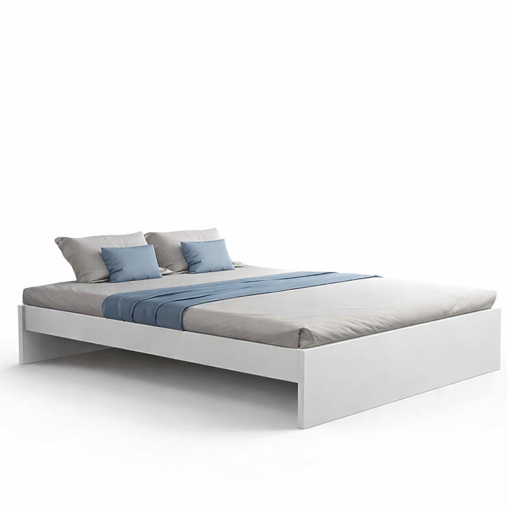Minimalist bed with soft blue accents