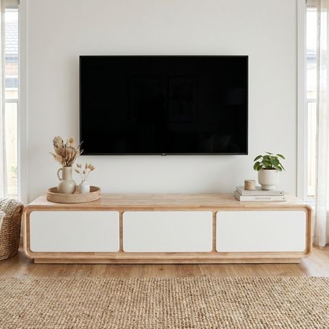 Tekkashop FDTC2924 Full Solid Rubberwood TV Cabinet with 3 Drawers ...