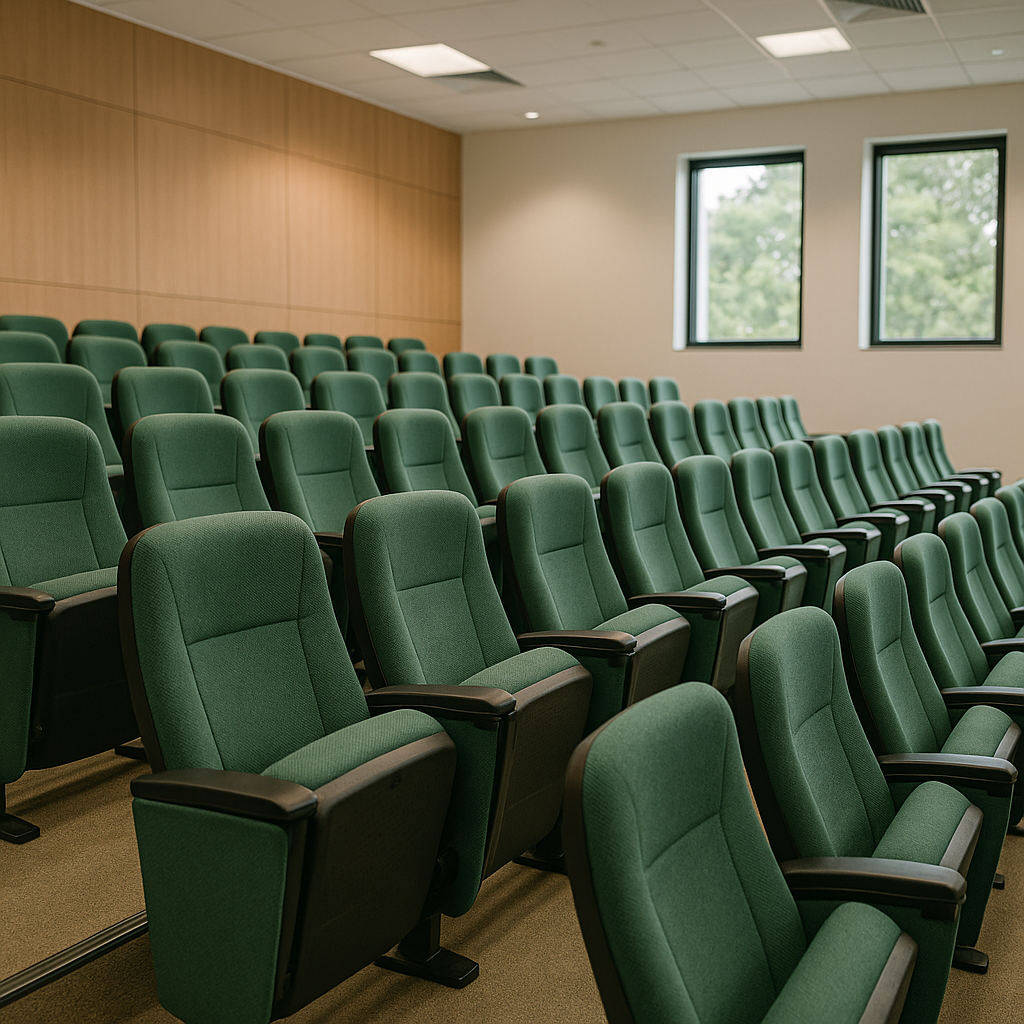 STAC4783 high-back fabric auditorium chairs in a university lecture hall