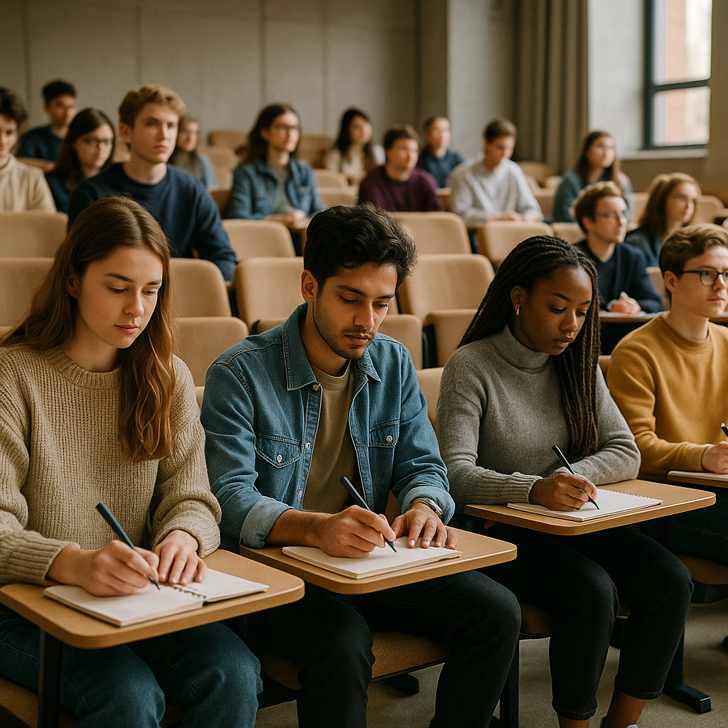 University auditorium chairs with writing tablets for student note-taking